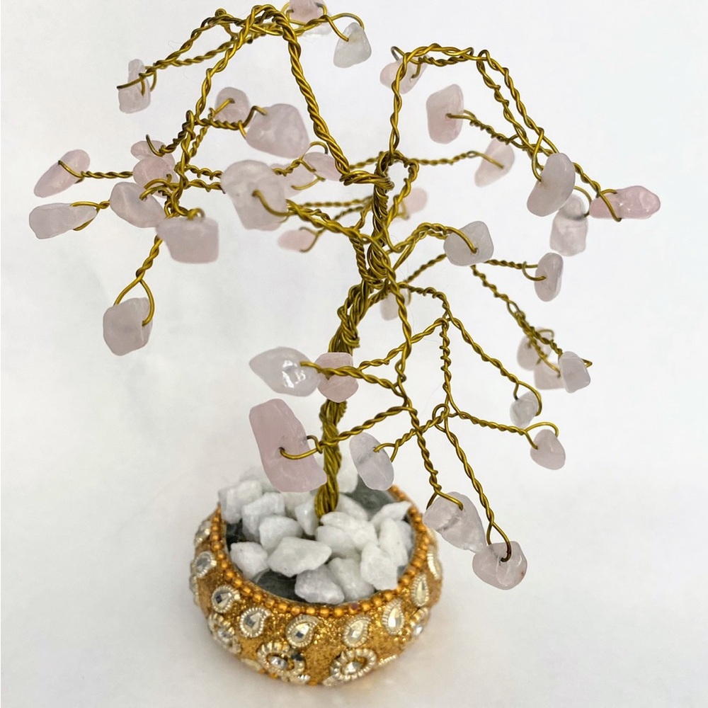 Elegant Gold Vase and Pink Rose Quartz Gemstone Wire Wrapped Tree